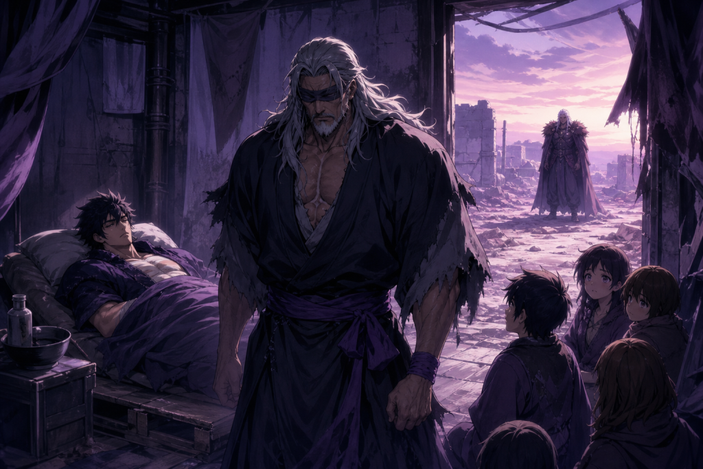 Modern Fist of the North Star fan art showing grieving Shu, sleeping Kenshiro, rescued children, and distant Souther