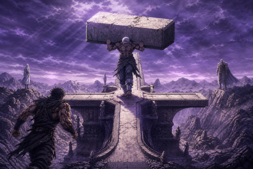 Modern Fist of the North Star fan art showing Shu under one capstone while Kenshiro, Toki, and Raoh converge separately