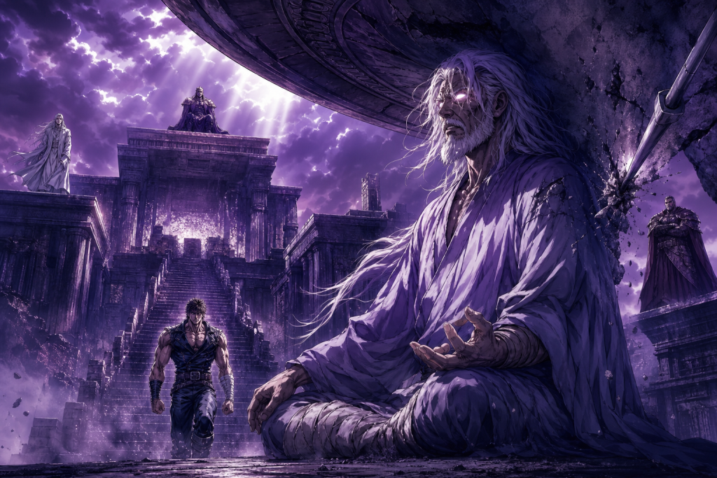 Modern Fist of the North Star fan art showing Shu beneath the capstone seeing Kenshiro as Toki, Raoh, and Souther witness