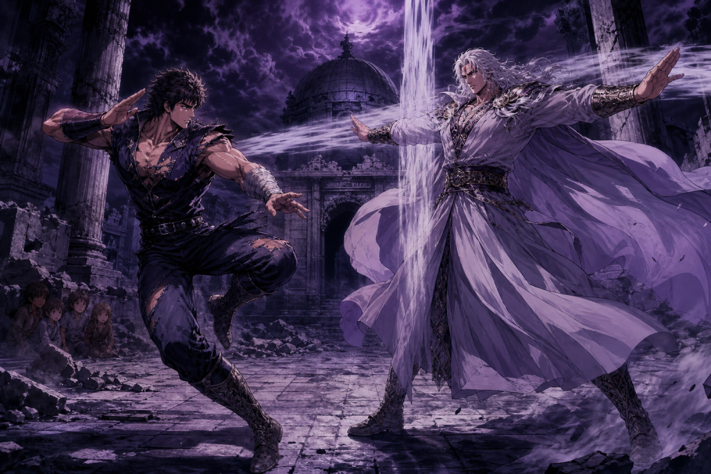 Modern Fist of the North Star fan art showing Kenshiro in White Heron-inspired footwork against Souther’s cross-shaped attack