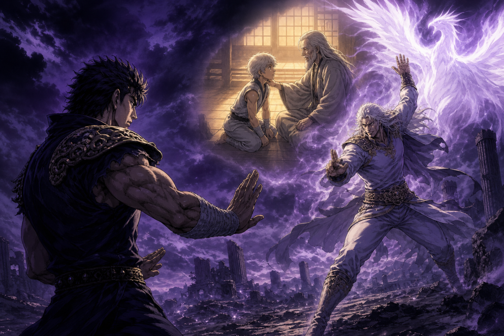 Modern Fist of the North Star fan art showing Kenshiro and Souther’s final techniques beneath a translucent childhood memory of Ogai