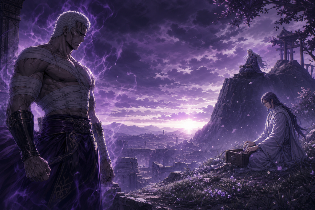 Modern Fist of the North Star fan art connecting Raoh’s recovery, Toki’s duty, and Koryu’s institutional memory across one horizon