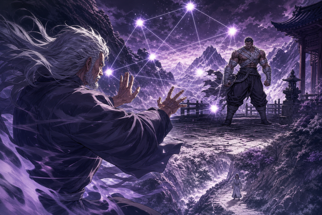Modern Fist of the North Star fan art showing Koryu confronting bandaged Raoh within seven constellation points as Toki watches distantly
