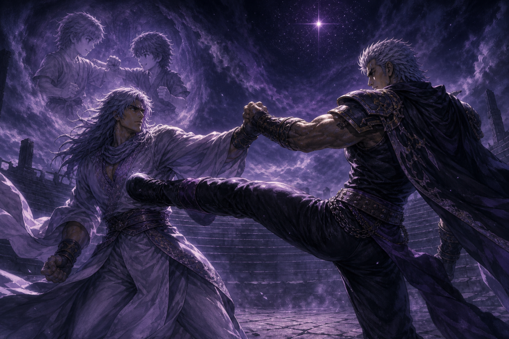 Modern Fist of the North Star fan art showing Toki catching Raoh’s strike beneath one Death Omen Star and a translucent childhood memory