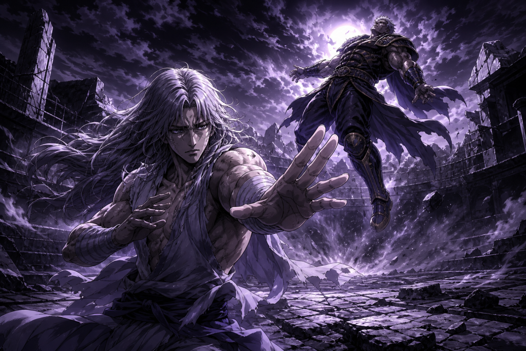 Modern Fist of the North Star fan art showing a dignified, physically strained Toki sending Raoh airborne beneath a lavender moon