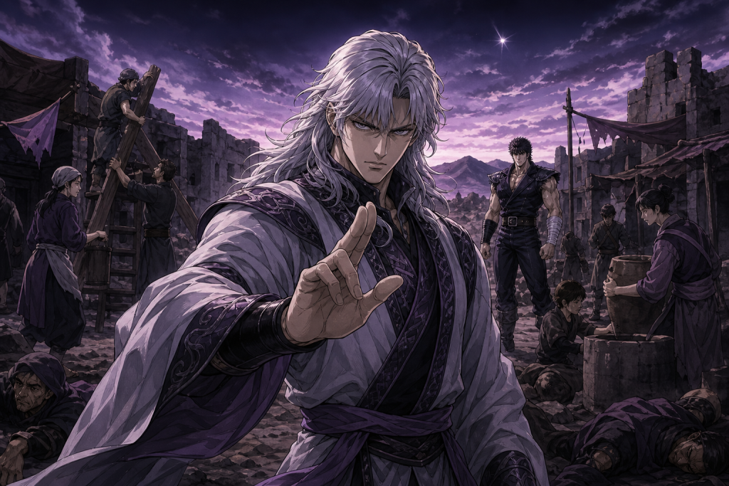 Modern Fist of the North Star fan art showing Ryuga using Taizan Tenroken while Kenshiro observes and villagers rebuild