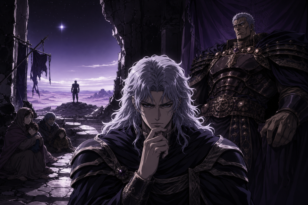 Modern Fist of the North Star fan art placing Ryuga between Raoh, distant Kenshiro, and families exposed to their political choices