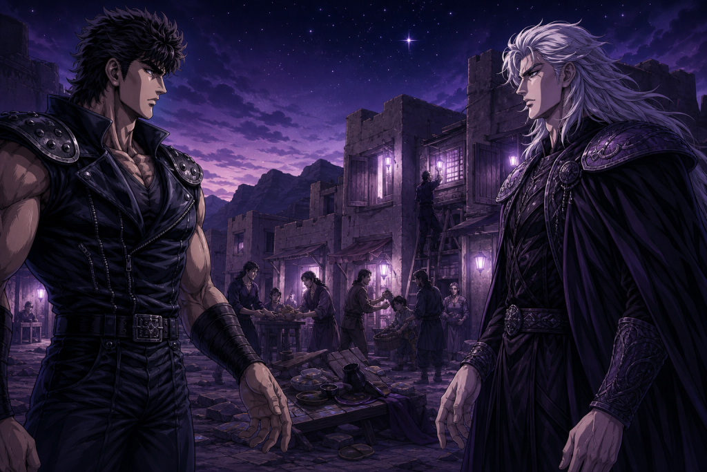 Modern Fist of the North Star fan art showing Kenshiro and Ryuga with lowered hands while a liberated village relights its lamps