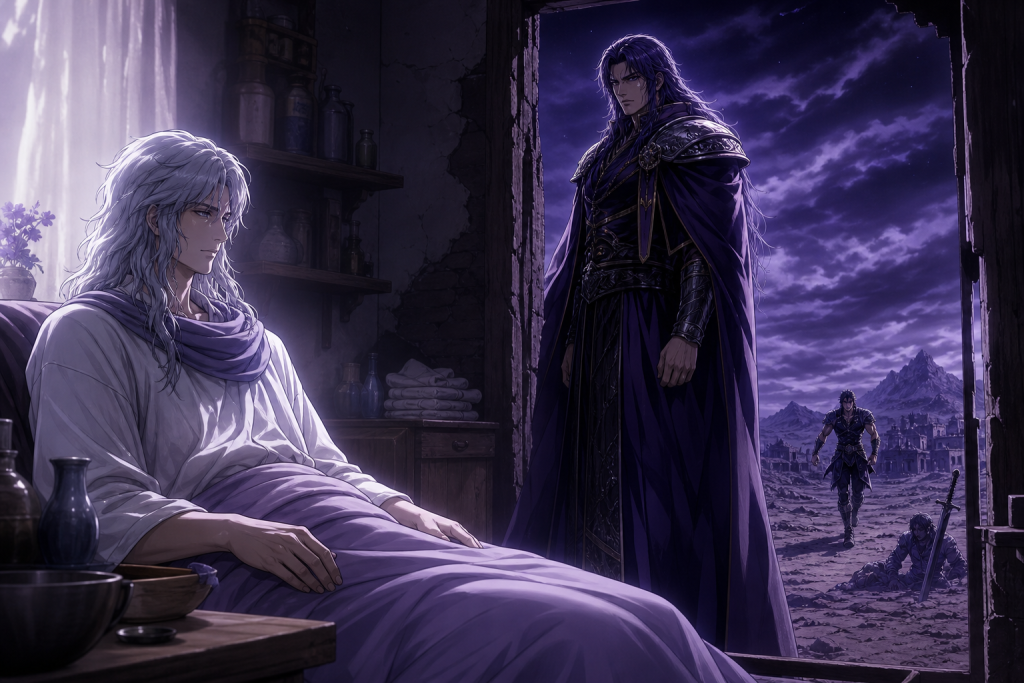 Modern Fist of the North Star fan art showing a dignified terminally ill Toki as Ryuga intrudes and Kenshiro races toward the village