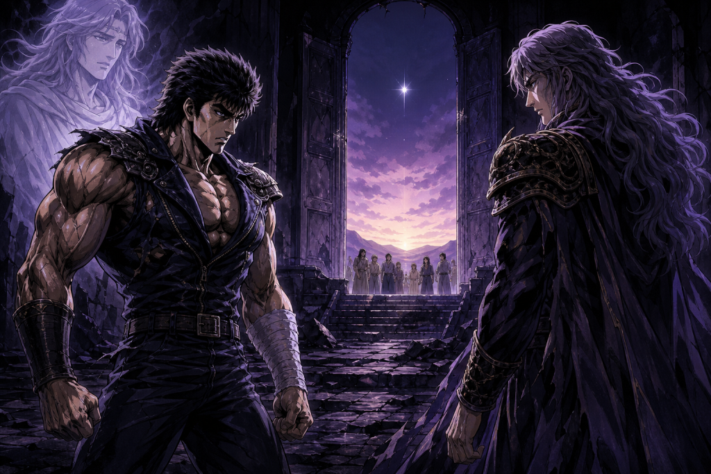 Modern Fist of the North Star fan art showing grieving Kenshiro and Ryuga in a broken castle as one translucent Toki memory stands before a lavender dawn