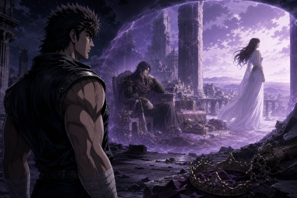 Modern Fist of the North Star retrospective art showing Shin among imperial offerings while Yuria stands separately and Kenshiro remembers