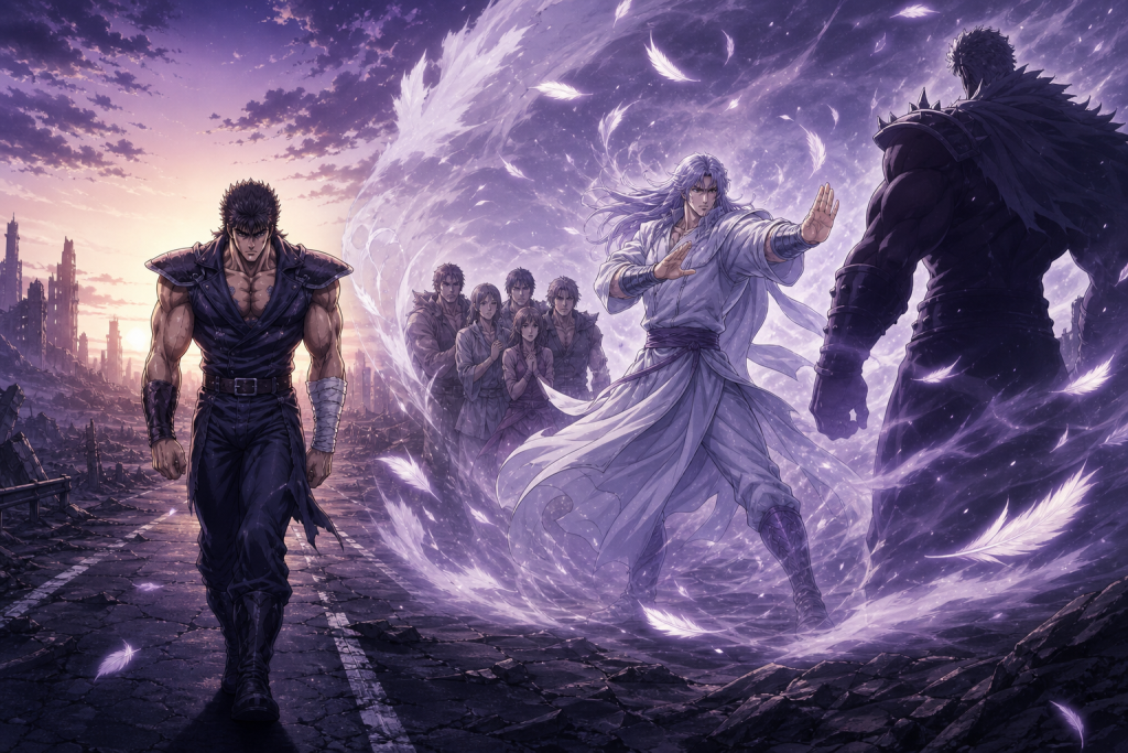 Modern Fist of the North Star retrospective art showing Rei protecting friends from Raoh as Kenshiro carries the memory forward