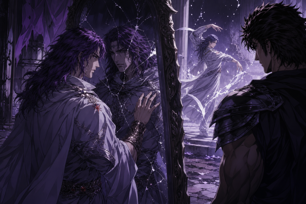 Modern Fist of the North Star retrospective art showing Yuda before one fractured reflection while Rei performs Hien Ryubu and Kenshiro observes