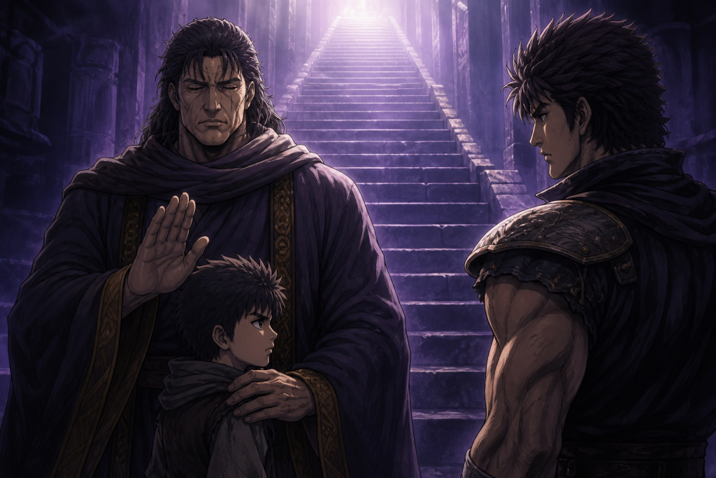 Modern Fist of the North Star retrospective art showing one dignified Shu, one child Kenshiro, one present Kenshiro, and an empty death staircase