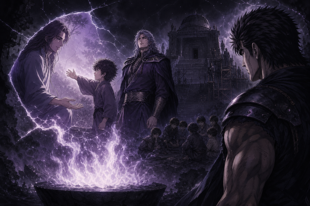 Modern Fist of the North Star retrospective art separating adult Souther from his memory of Ogai while child workers remain visible