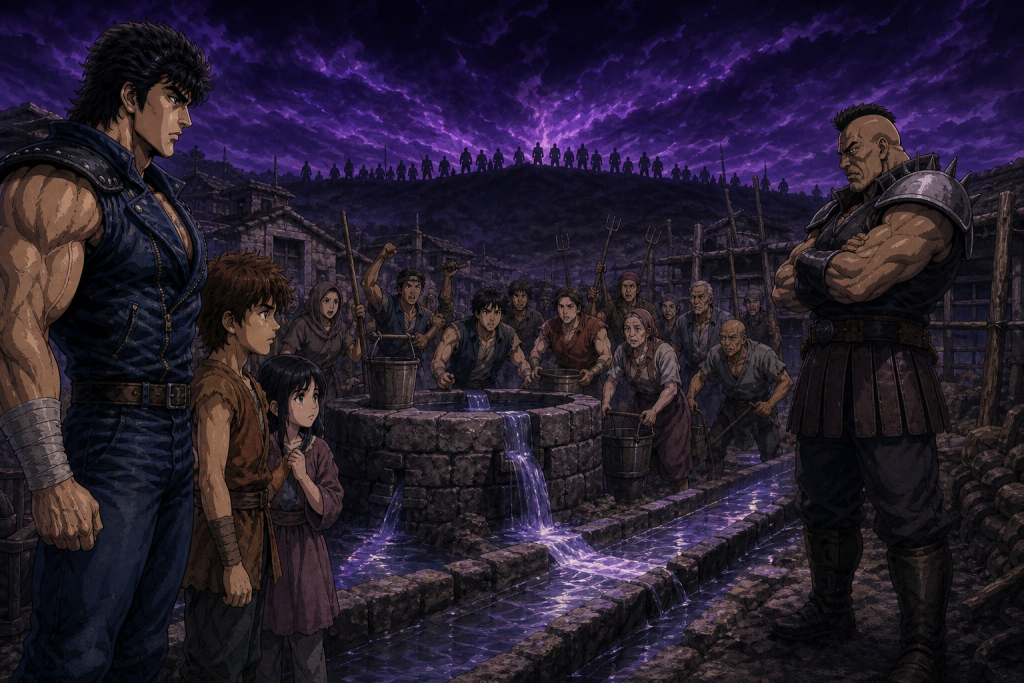 Modern Fist of the North Star fan art showing Kenshiro, teenage Bat, child Lin, Boogal, and an organized village around controlled water