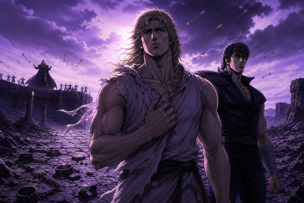 Modern Fist of the North Star art showing a human Glenn before broken restraints while David’s distant archers attack