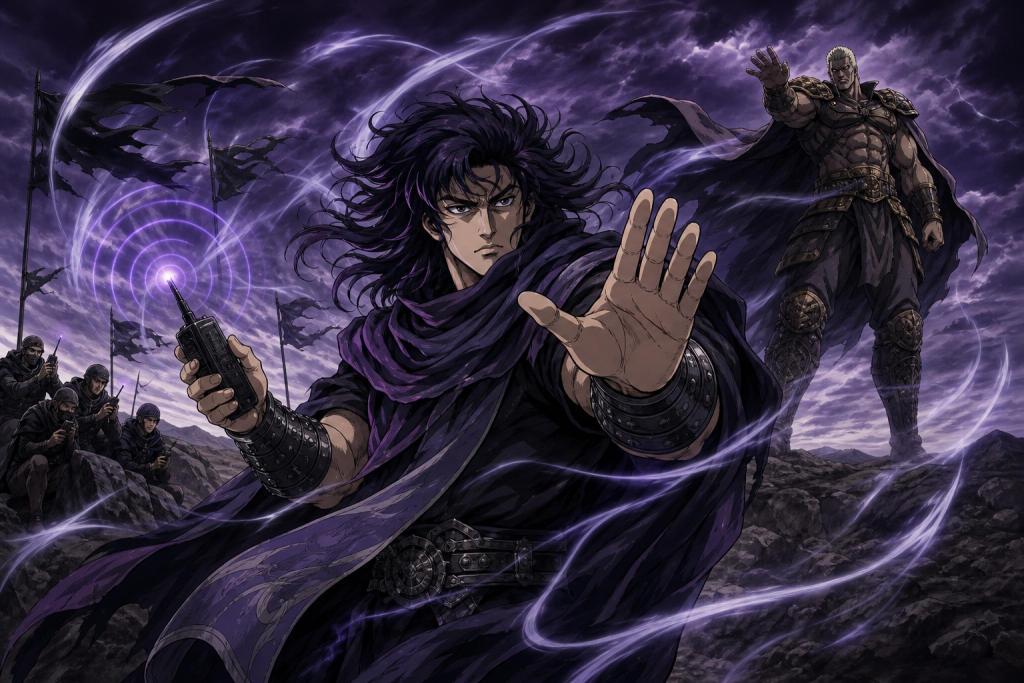 Modern Fist of the North Star art showing one Huey relaying observations to Wind Brigade scouts as one Raoh counters