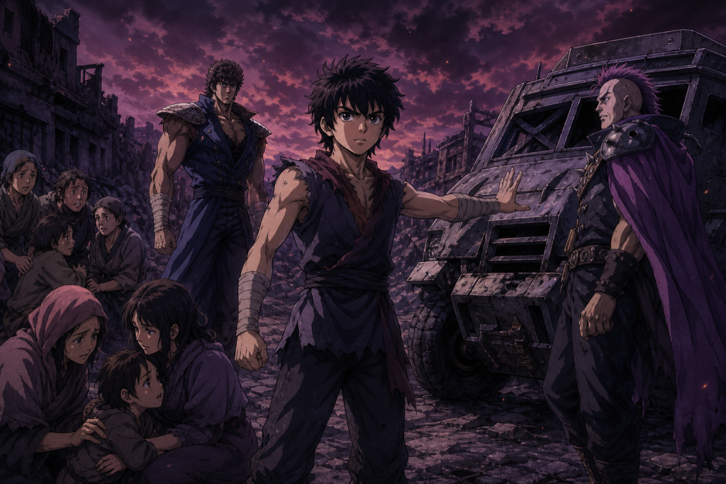 Modern Fist of the North Star art showing teenage Bat between active villagers and Morgan beside one disabled armored vehicle as Kenshiro supports him