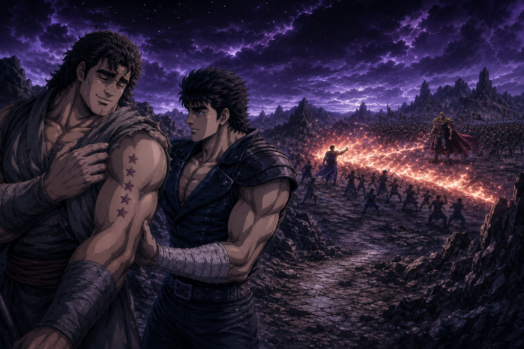 Modern Fist of the North Star art showing Fudo’s five marks beside Kenshiro while Shuren confronts Raoh across a distant fire line