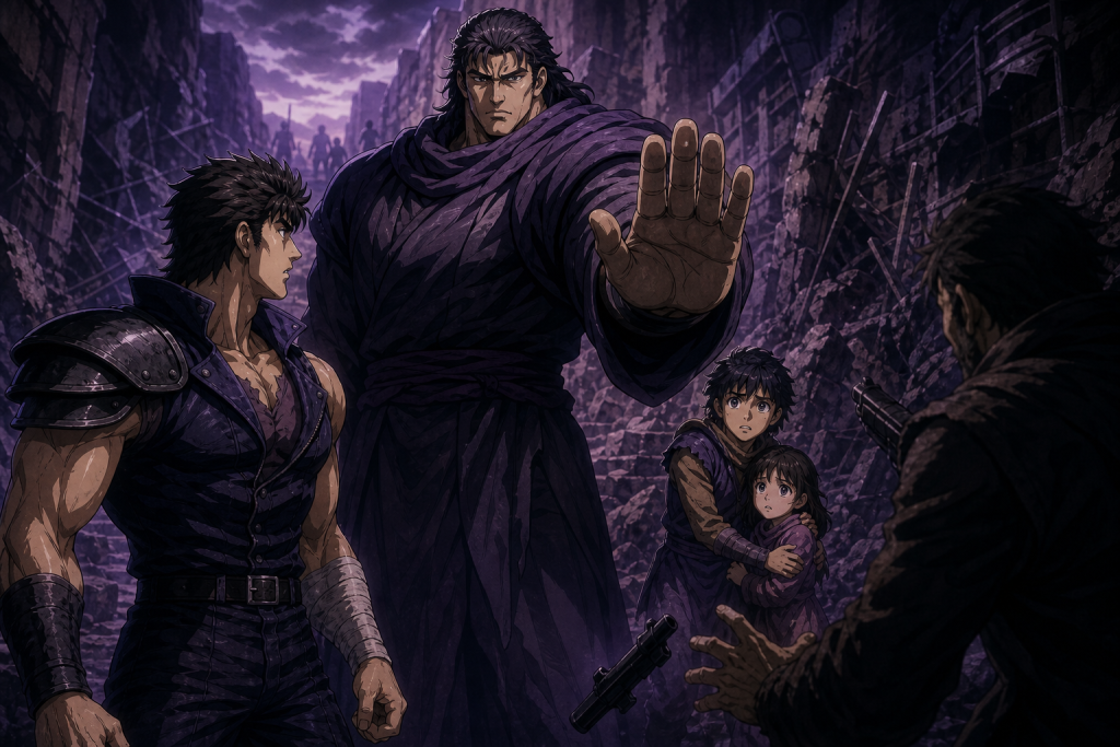 Modern Fist of the North Star art showing Fudo intercepting one hidden attacker while Kenshiro evaluates him and Bat shelters Lin