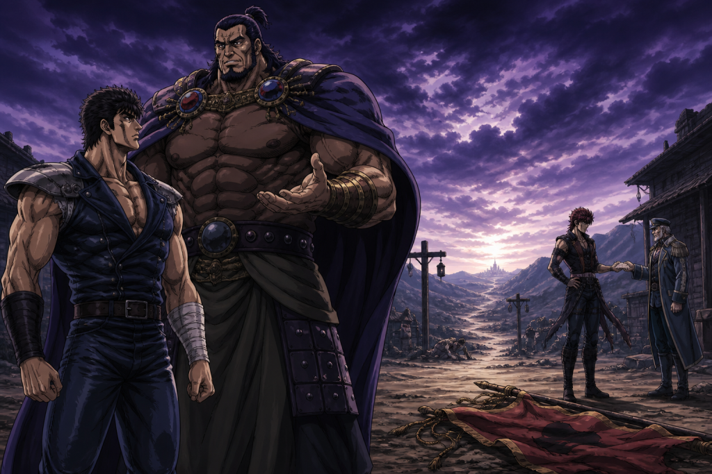 Modern Fist of the North Star art showing mountain-sized Fudo and Kenshiro at a crossroads with Juza and Rihaku’s messenger in a separate scene