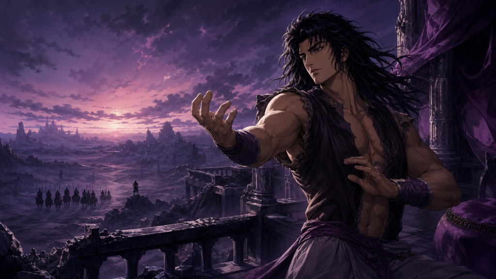 Modern Fist of the North Star art showing Juza on a ruined terrace as mounted raiders cross the distant wasteland
