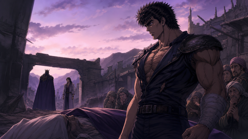 Modern Fist of the North Star art showing Kenshiro beside a respectfully covered elder while Juza faces the masked Last General at a distance