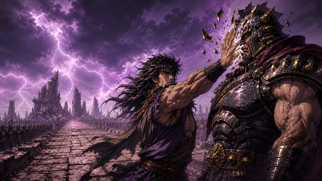 Modern Fist of the North Star art showing one Juza landing an open-hand strike that breaks one Raoh helmet before two distant armies