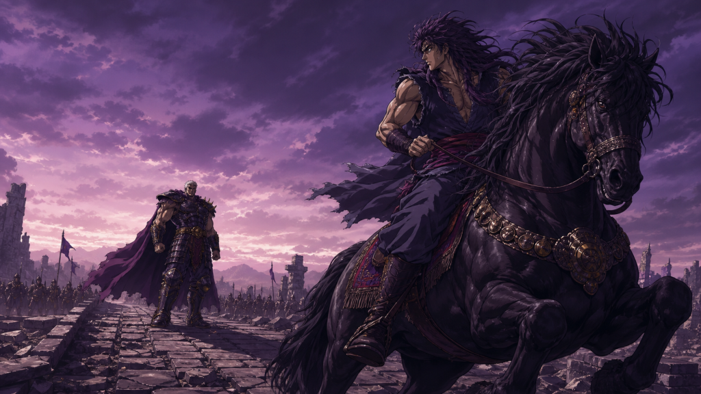 Modern Fist of the North Star art showing Juza riding one enormous black Kokuoh away from one stranded Raoh
