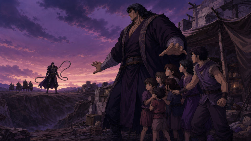 Modern Fist of the North Star art showing enormous gentle Fudo shielding safe children as Hiruka watches across a ravine