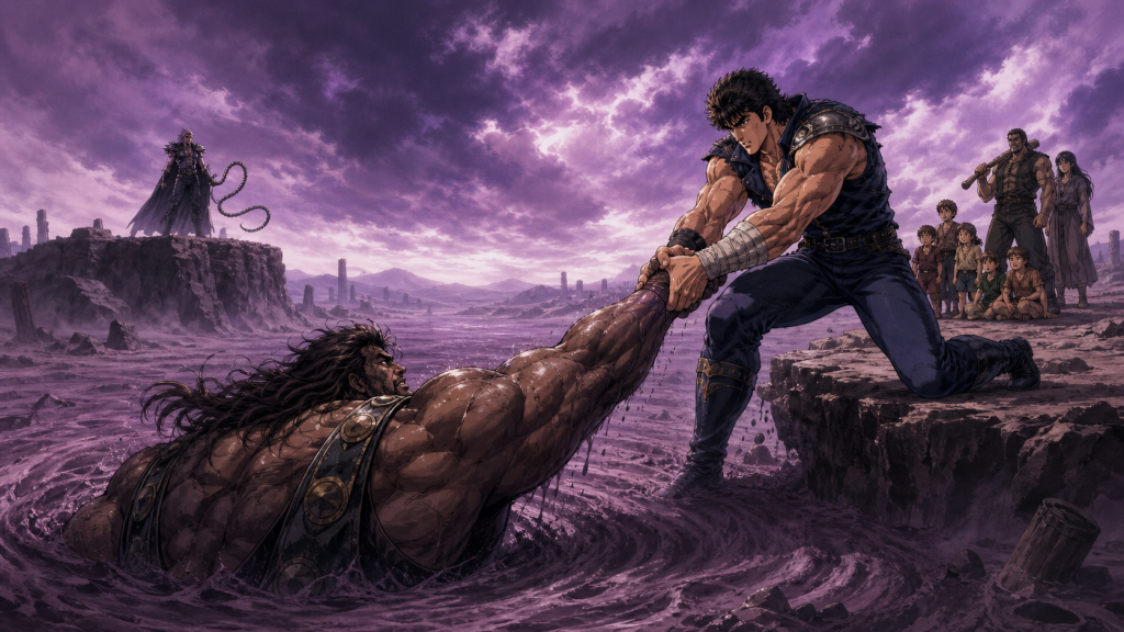 Modern Fist of the North Star art showing Kenshiro gripping the much larger Fudo’s forearm while rescued children remain safe
