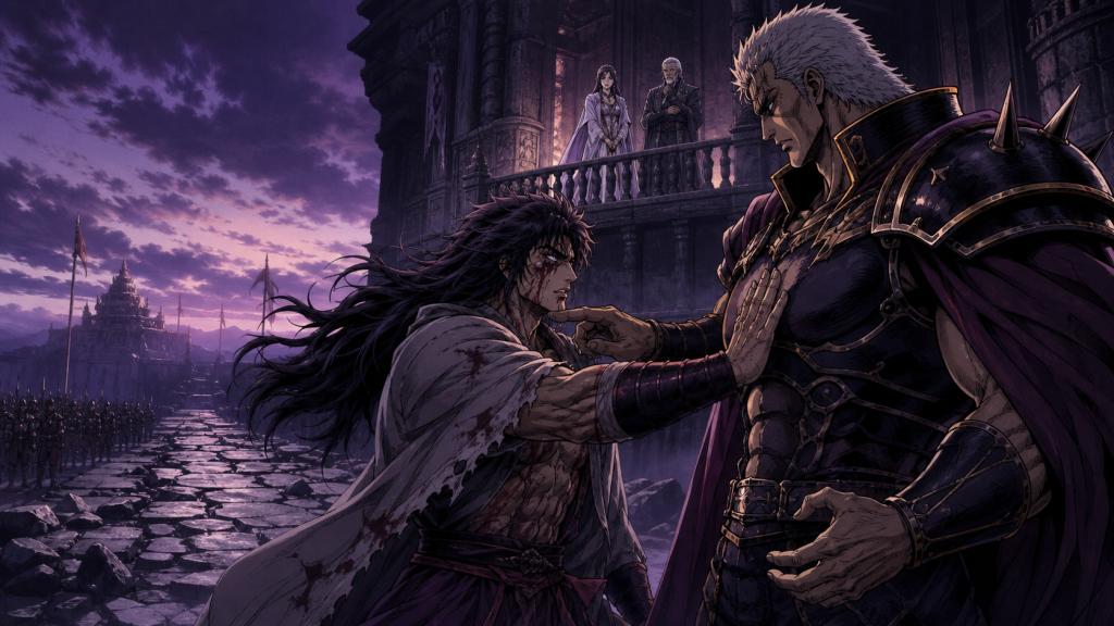 Modern Fist of the North Star art showing wounded Juza confronting Raoh while Yuria and Rihaku remain on a distant balcony
