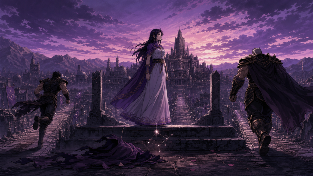 Modern Fist of the North Star art showing Yuria as a political subject while Kenshiro and Raoh approach and Juza is memorialized by light