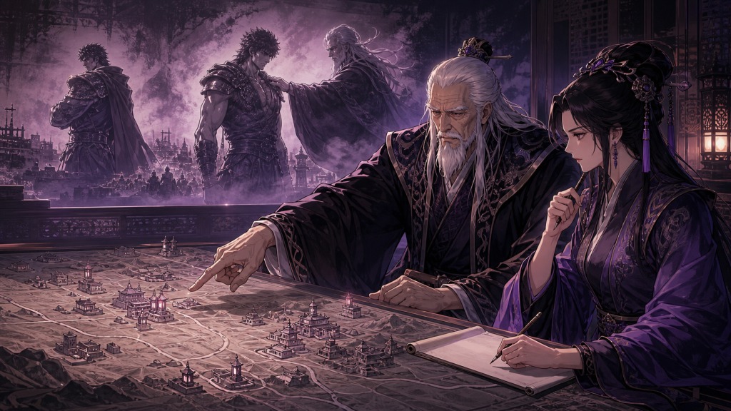 Modern Fist of the North Star art showing Rihaku and adult strategist Toh studying a relief map beneath a historical mural