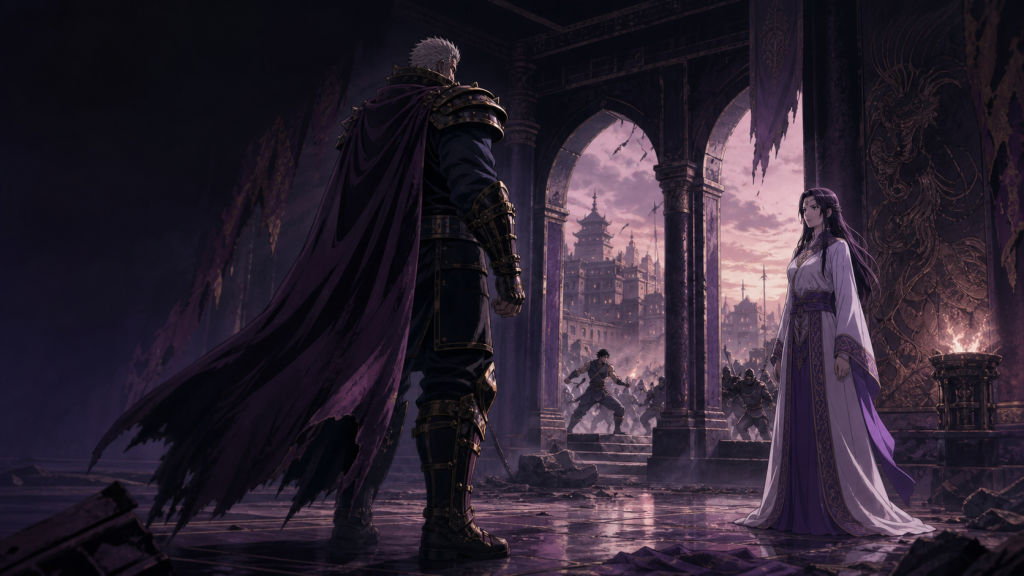 Modern Fist of the North Star art showing Yuria upright across a meaningful gap from Raoh while Kenshiro remains outside