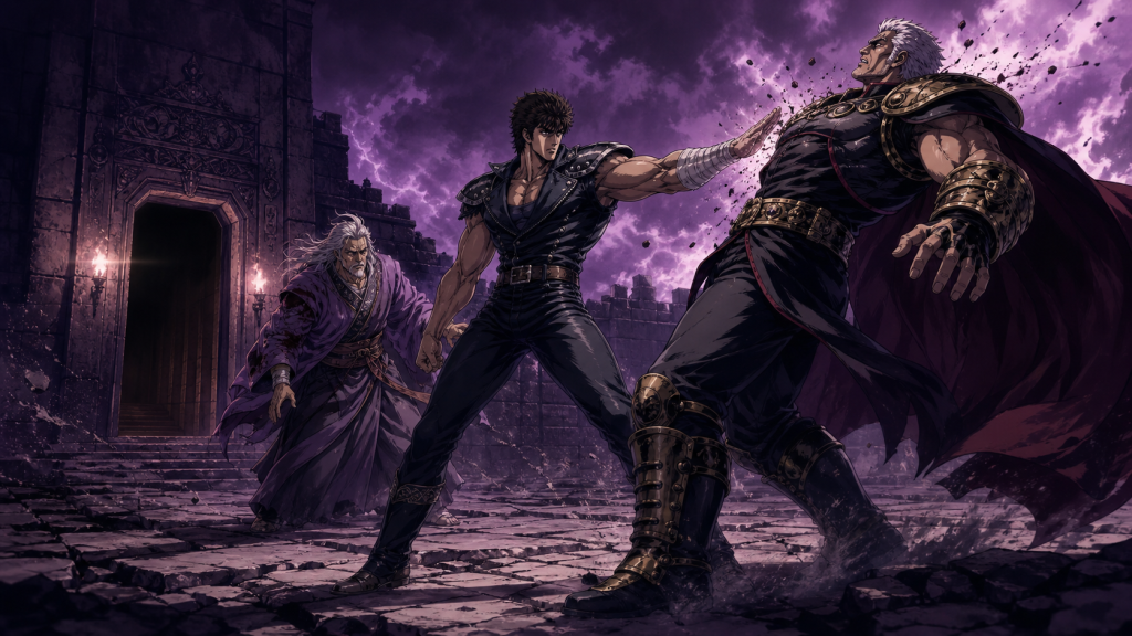 Modern Fist of the North Star art showing Kenshiro between wounded Rihaku and Raoh as the first strike changes the balance