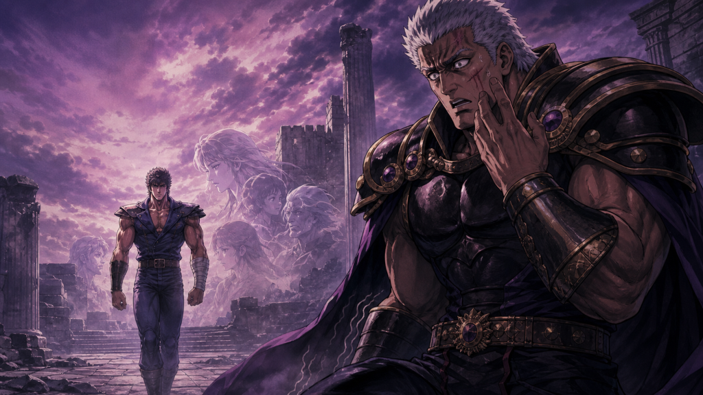 Modern Fist of the North Star art showing Raoh shocked by a cheek wound while calm Kenshiro advances with memory silhouettes