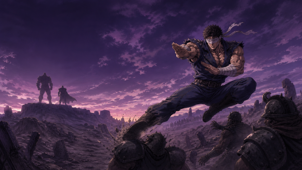 Modern Fist of the North Star art showing bandaged Kenshiro adapting his footwork against armored soldiers