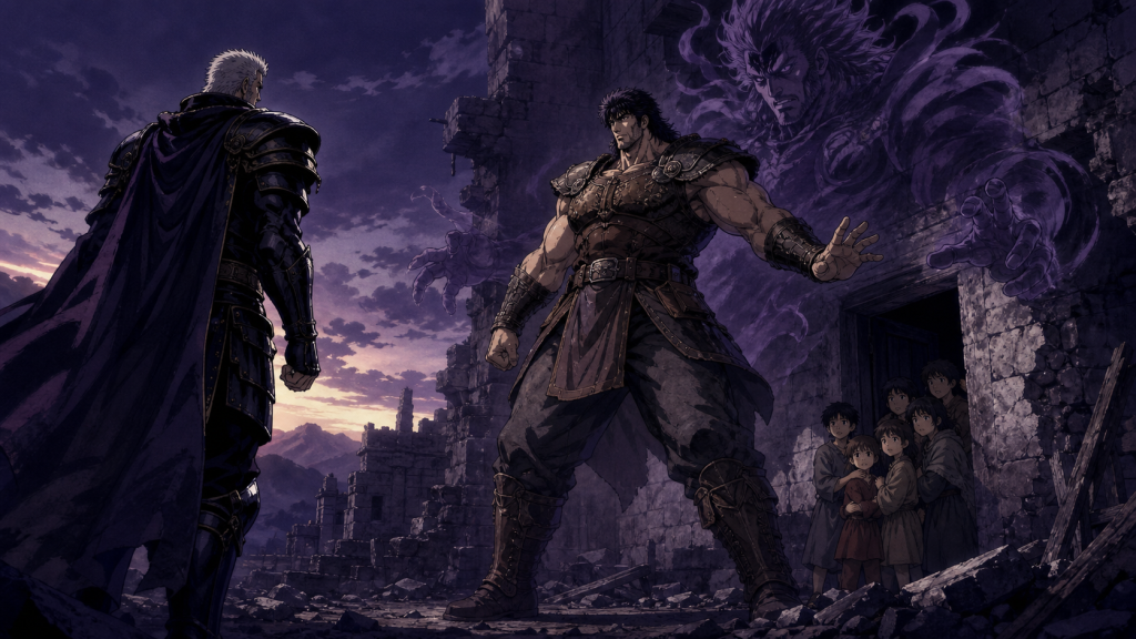 Modern Fist of the North Star art showing enormous Fudo between Raoh and children sheltered safely in a doorway
