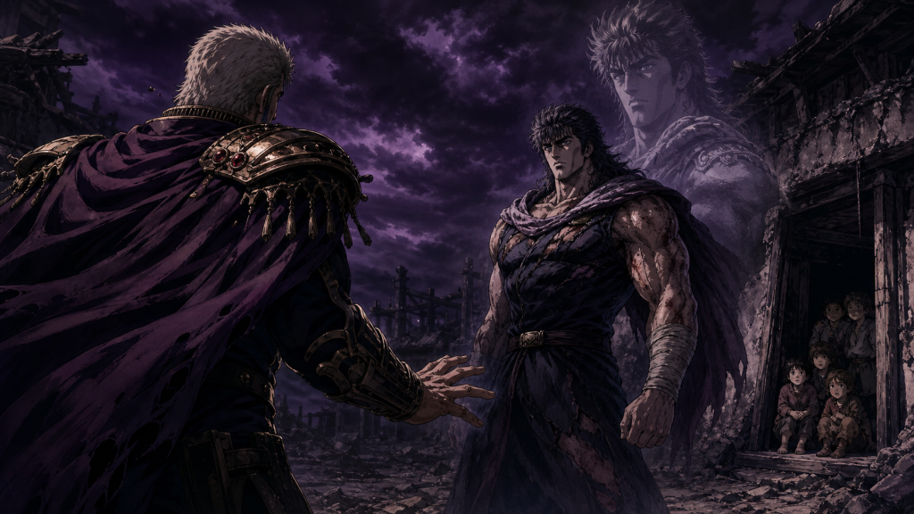 Modern Fist of the North Star art showing Fudo still standing, children safe in shelter, and Raoh retreating before an echo of Kenshiro