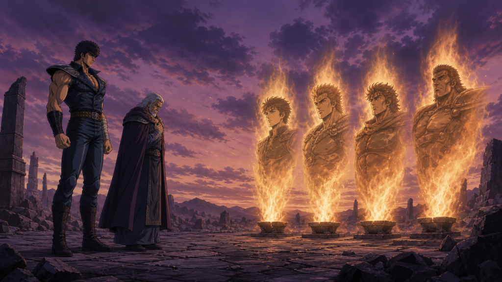 Modern Fist of the North Star art showing Kenshiro and Rihaku before four distinct male warrior memories in funeral flames