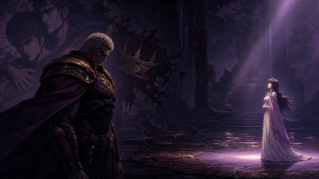 Modern Fist of the North Star art showing Yuria upright in her own light across a wide gap from Raoh beneath a collapsing banner