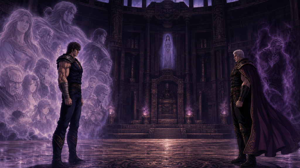 Modern Fist of the North Star art showing Kenshiro and Raoh at a distance in Renkitōza with ethically distinct memory auras