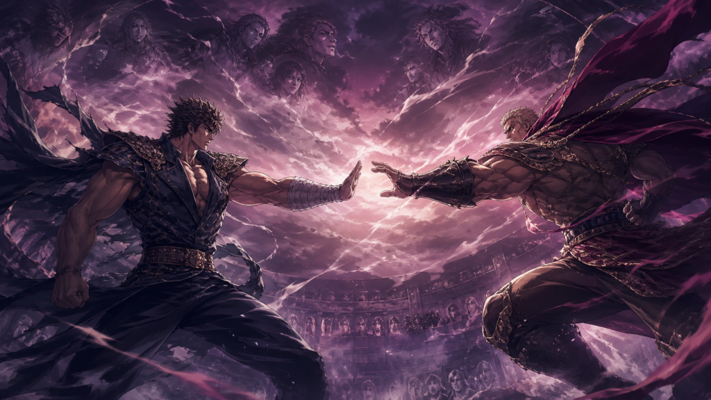 Modern Fist of the North Star art freezing the two brothers before their decisive non-graphic exchange beneath surrounding memory lights