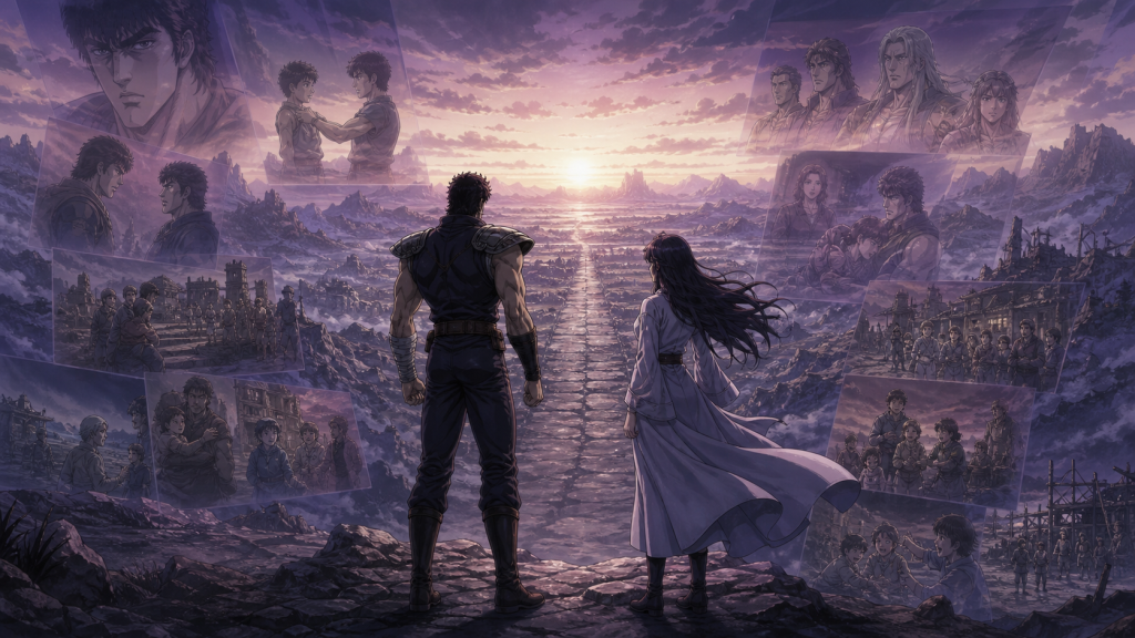 Modern Fist of the North Star finale art showing Kenshiro and Yuria side by side before a road surrounded by memories of people and rebuilding communities
