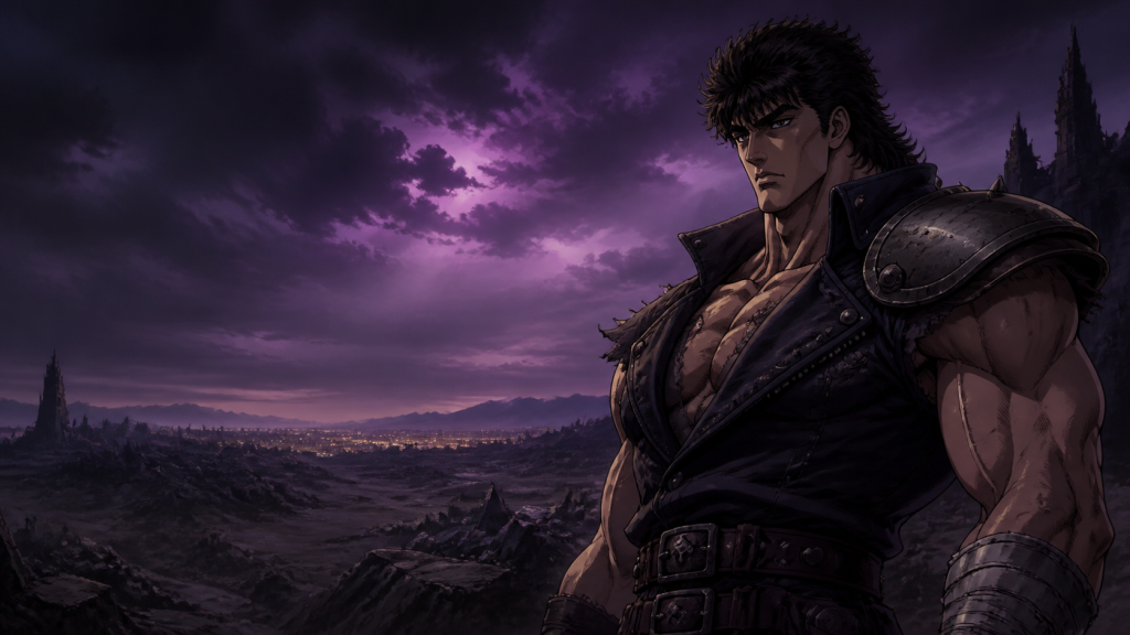 Kenshiro overlooking a violet post-apocalyptic wasteland in original Fist of the North Star fan art