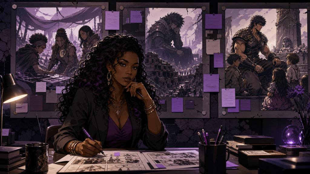 A Black woman critic annotates storyboards about women’s survival, Raoh’s empire, and Kenshiro’s quiet care