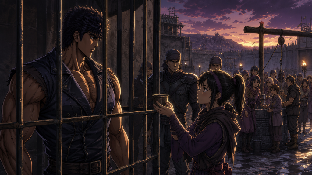 Modern Remake-era art showing Kenshiro behind village bars, Lin holding a water cup, uncertain guards, and civilians queued at a controlled well