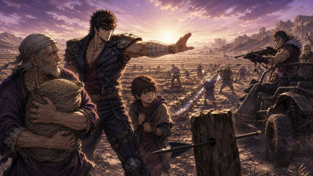 Modern Remake-era art showing Kenshiro, Bat, an elderly farmer, seed grain, armed raiders, and villagers preparing fields and irrigation